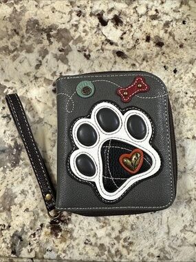 Chala Gray Paw Print Wristlet Wallet with White & Black Accents